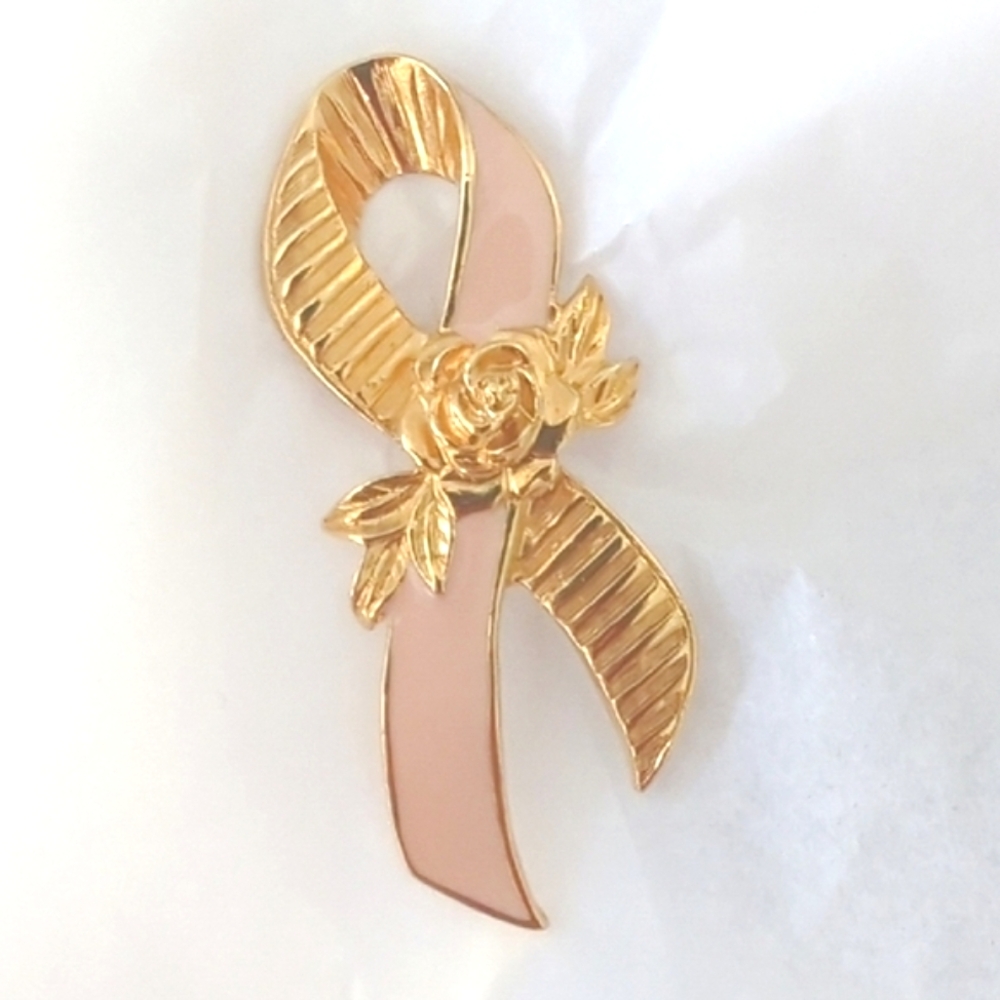 Avon Vintage Breast Cancer Awareness Gold and Pink Floral Ribbon Brooch